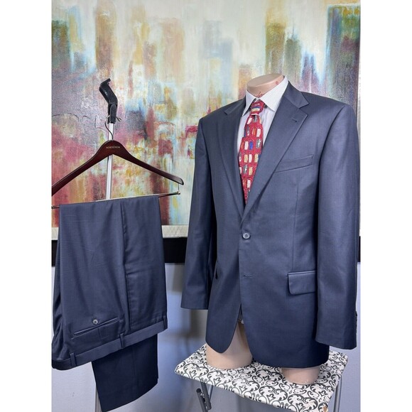 Joseph Abboud Mens Navy Plaid 2 Piece Suit 42L Pants 38/34 100% Wool